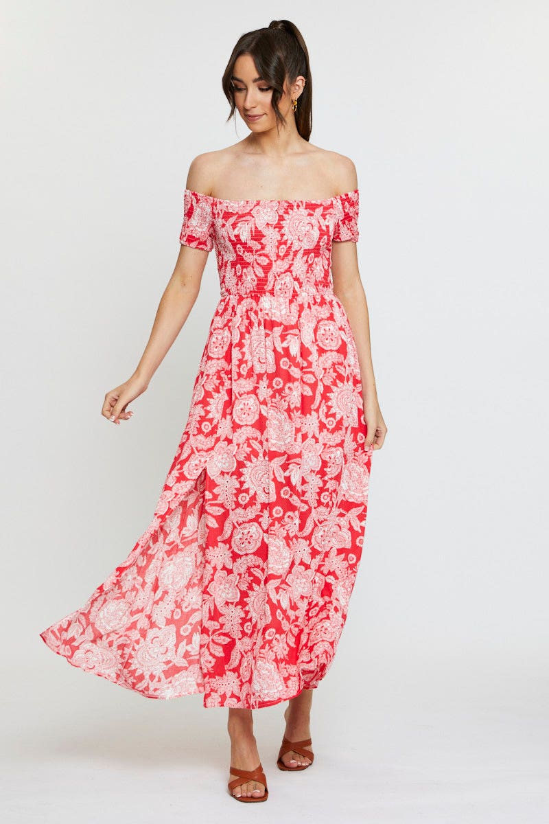 F MAXI DRESS Print Maxi Dress Off Shoulder Evening for Women by Ally