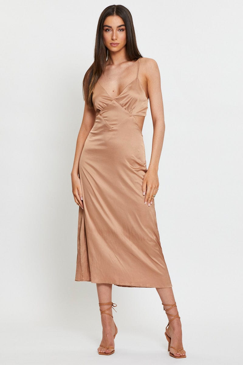 Women's Brown Midi Dress Satin | Ally Fashion Women's Brown Midi Dress Satin | Ally Fashion