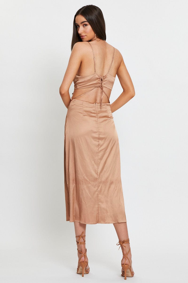 Beige Wedding Guest Dress Women's Brown Midi Dress Satin Ally Fashion Beige Wedding Guest Dress Women's Brown Midi Dress Satin Ally Fashion