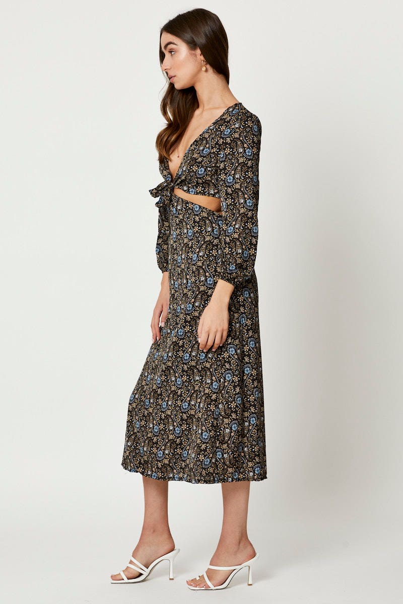 F MIDI DRESS Print Long Sleeve Cut Out Dress for Women by Ally