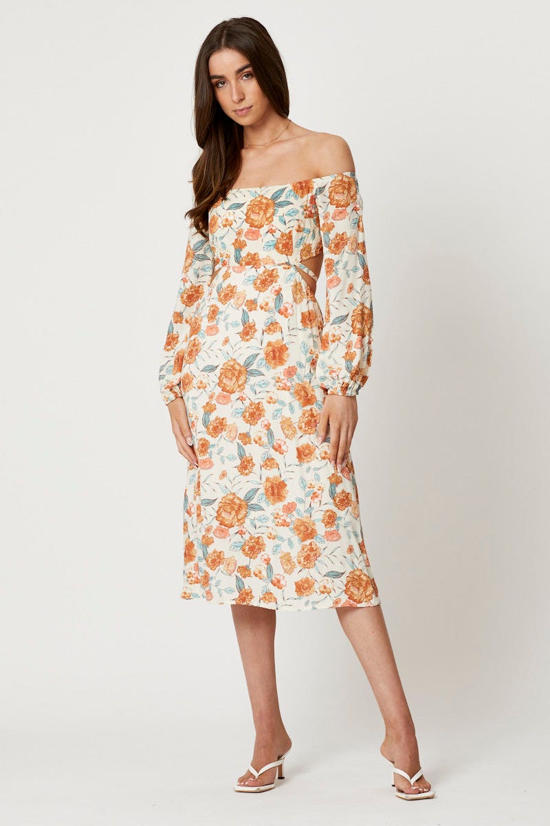 F MIDI DRESS Print Long Sleeve Cut Out Dress for Women by Ally