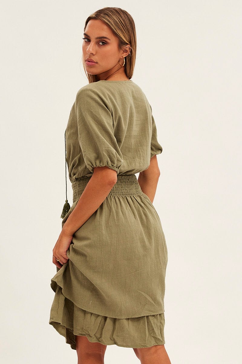 F MINI DRESS Green Midi Dress Short Sleeve V Neck for Women by Ally