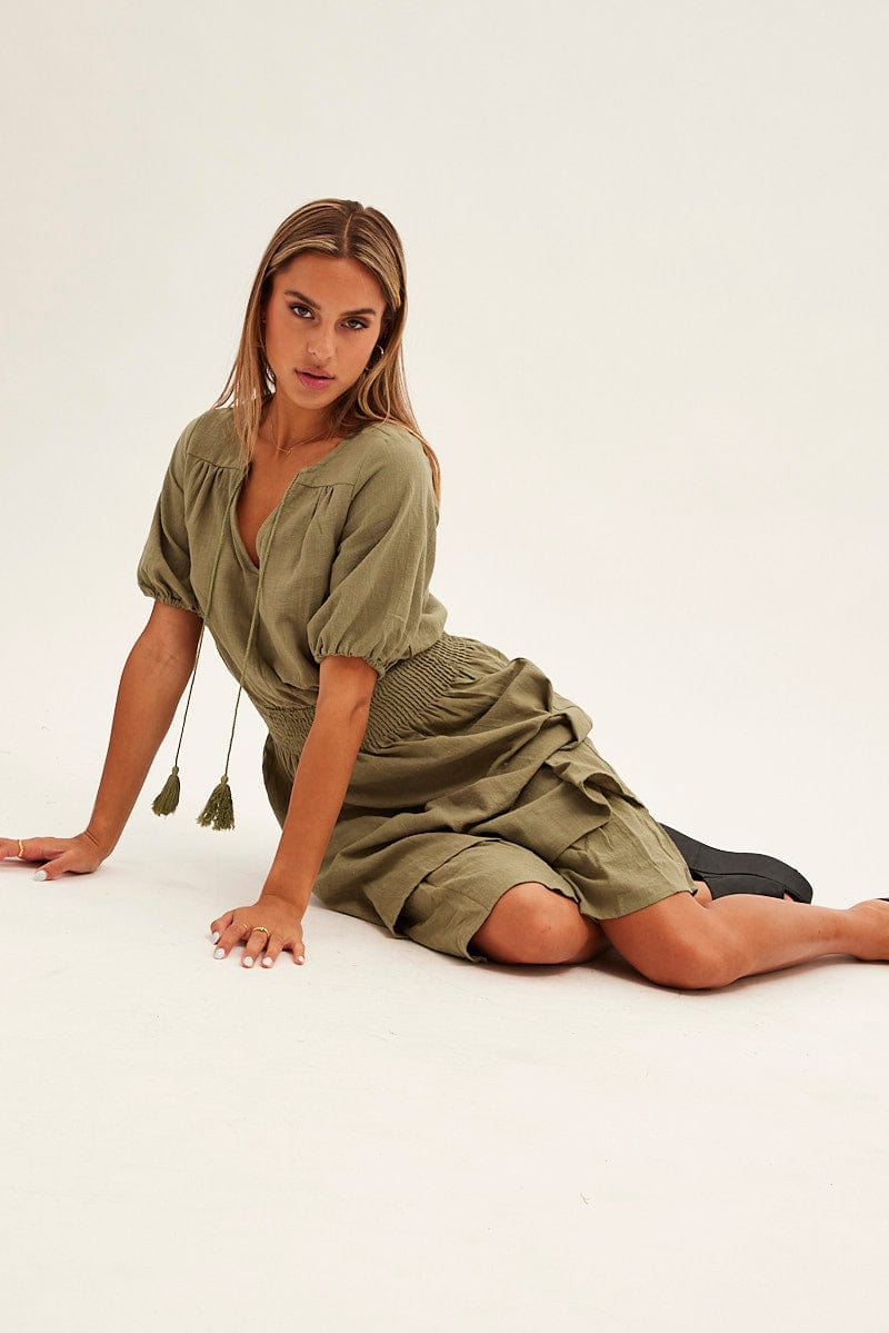 F MINI DRESS Green Midi Dress Short Sleeve V Neck for Women by Ally