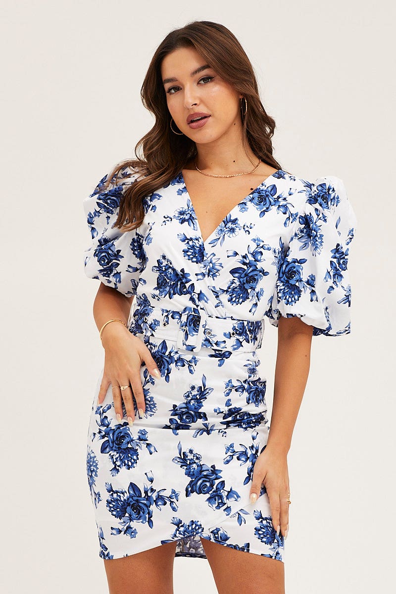 F MINI DRESS Print Mini Dress Short Puff Sleeve V-Neck Belted for Women by Ally