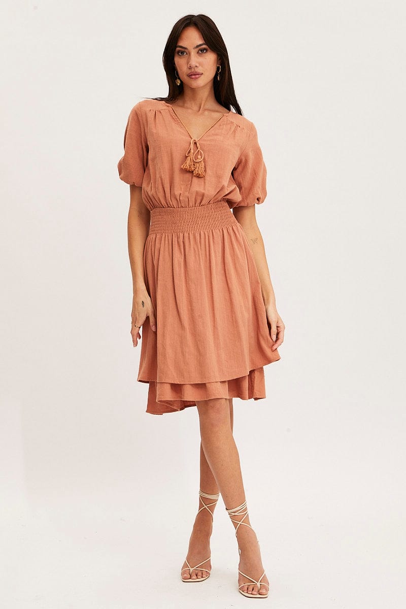 F MINI DRESS Rust Midi Dress Short Sleeve V Neck for Women by Ally