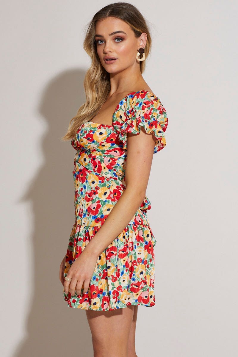 F OFF SHLDR DRESS Floral Print Gathered Bust Skater Dress for Women by Ally