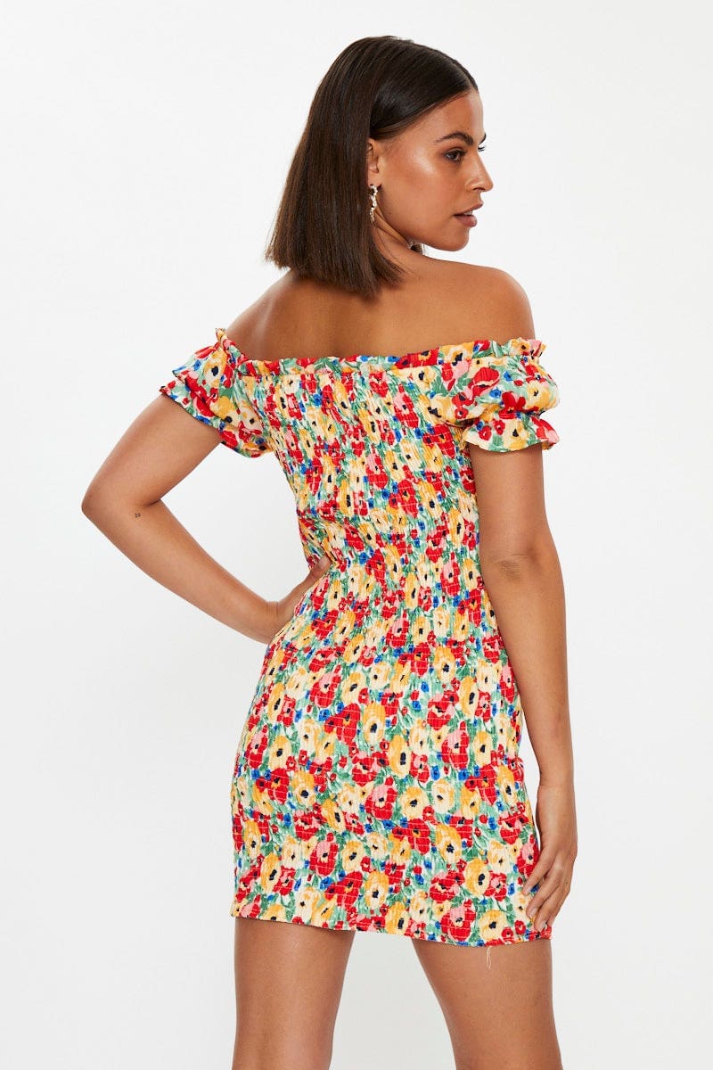 F OFF SHLDR DRESS Floral Print Off Shoulder Bustier Mini Dress for Women by Ally