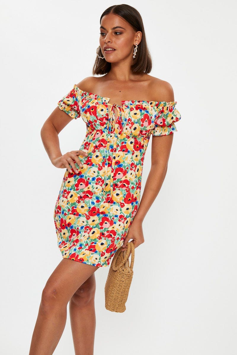 F OFF SHLDR DRESS Print Off Shoulder Bustier Mini Dress for Women by Ally