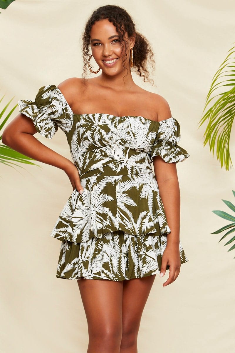 F PLAYSUIT Floral Print Tropical Print Off Shoulder Gathered Bust Detail P for Women by Ally