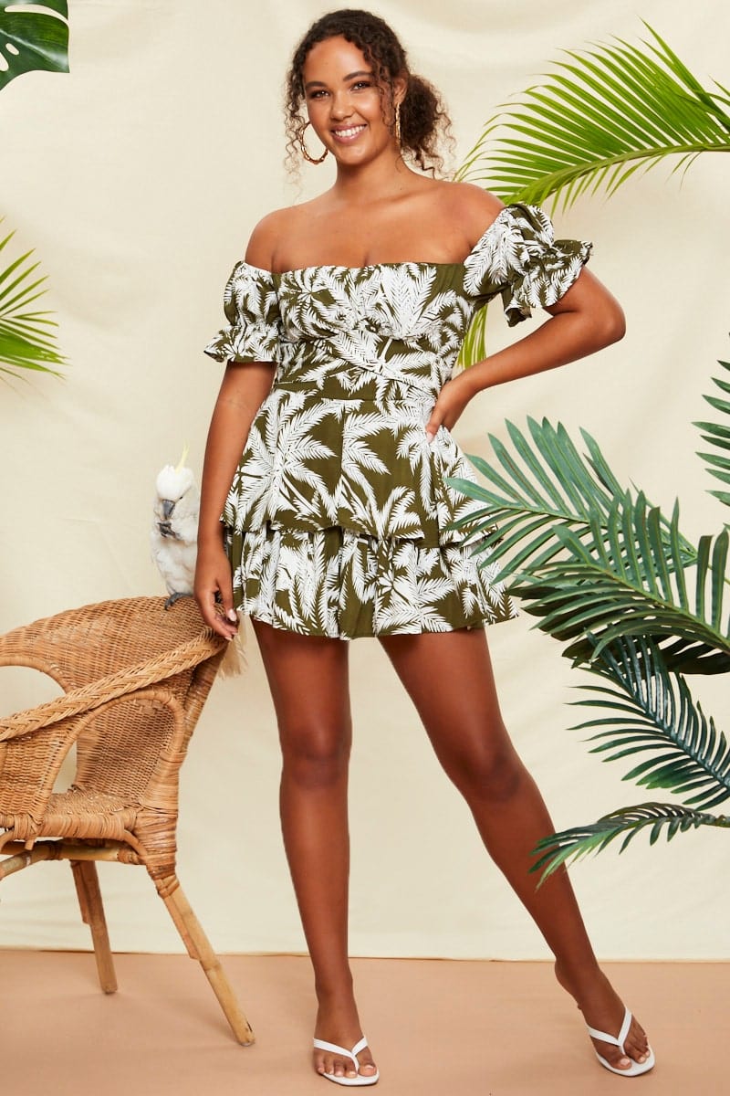 F PLAYSUIT Floral Print Tropical Print Off Shoulder Gathered Bust Detail P for Women by Ally