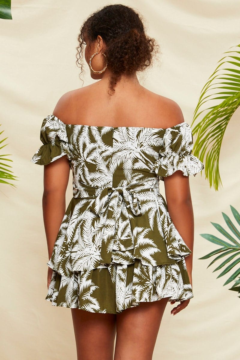 F PLAYSUIT Floral Print Tropical Print Off Shoulder Gathered Bust Detail P for Women by Ally