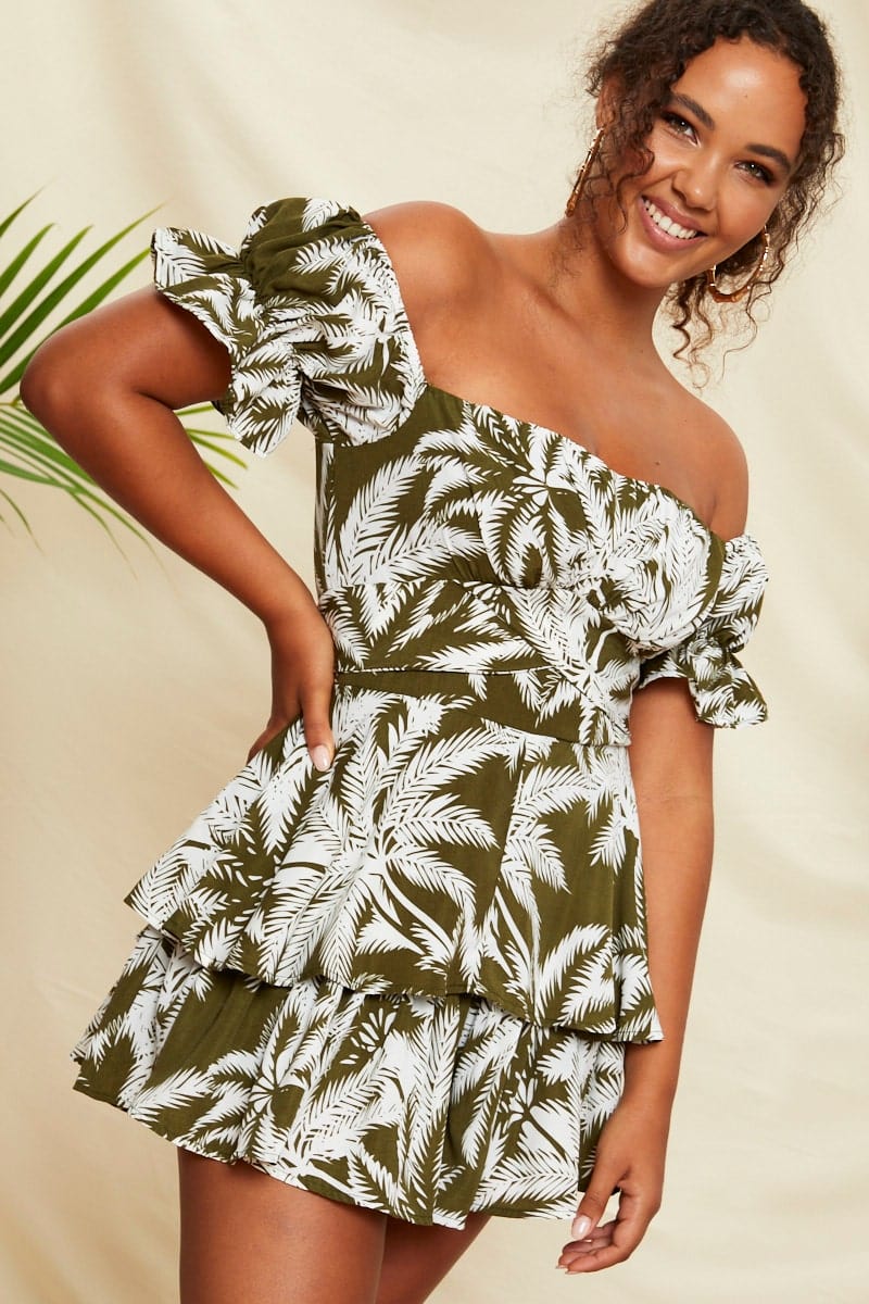 F PLAYSUIT Floral Print Tropical Print Off Shoulder Gathered Bust Detail P for Women by Ally