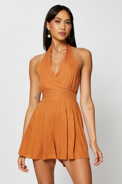 Free People Coral Rust Orange Galloon Lace Plunge V Neck Halter