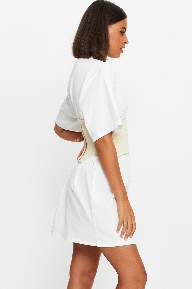 Women's White Knitted Corset Belt And T Shirt Dress | Ally Fashion Women's White Knitted Corset Belt And T Shirt Dress | Ally Fashion