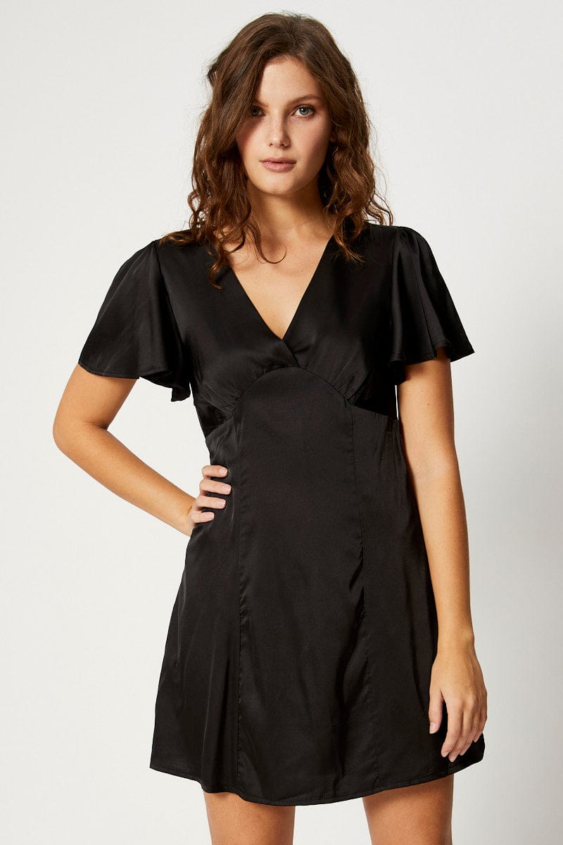 F SKATER DRESS Black Mini Dress Short Sleeve for Women by Ally