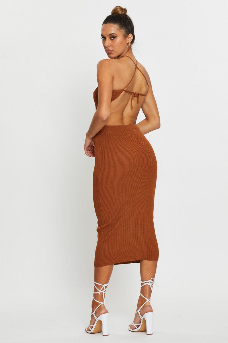 F SKATER DRESS Brown Knit Dress Halter Neck for Women by Ally