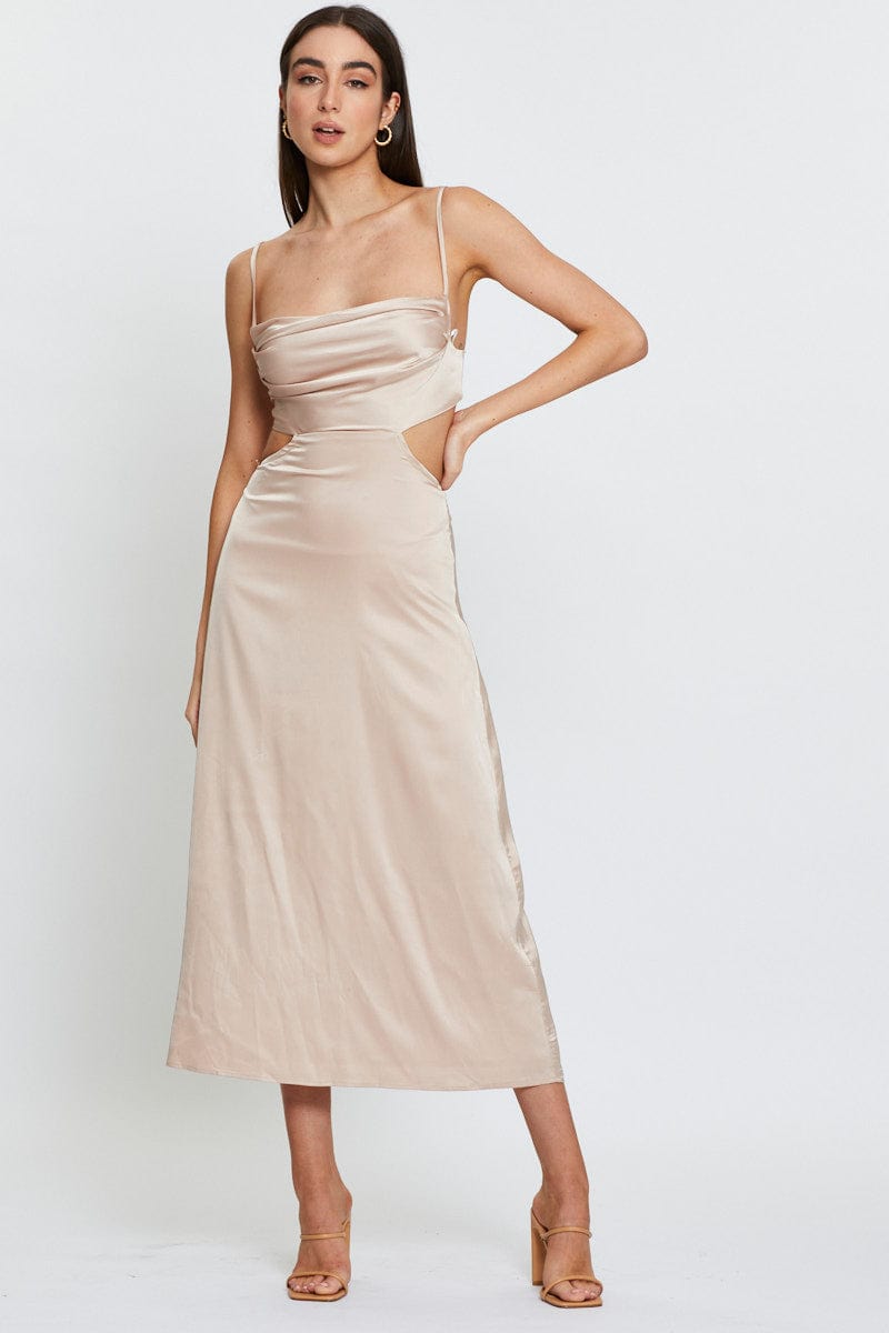 Women's Beige Midi Dress Satin | Ally Fashion Women's Beige Midi Dress Satin | Ally Fashion