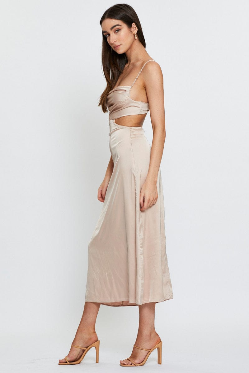 Beige Midi Dress Satin