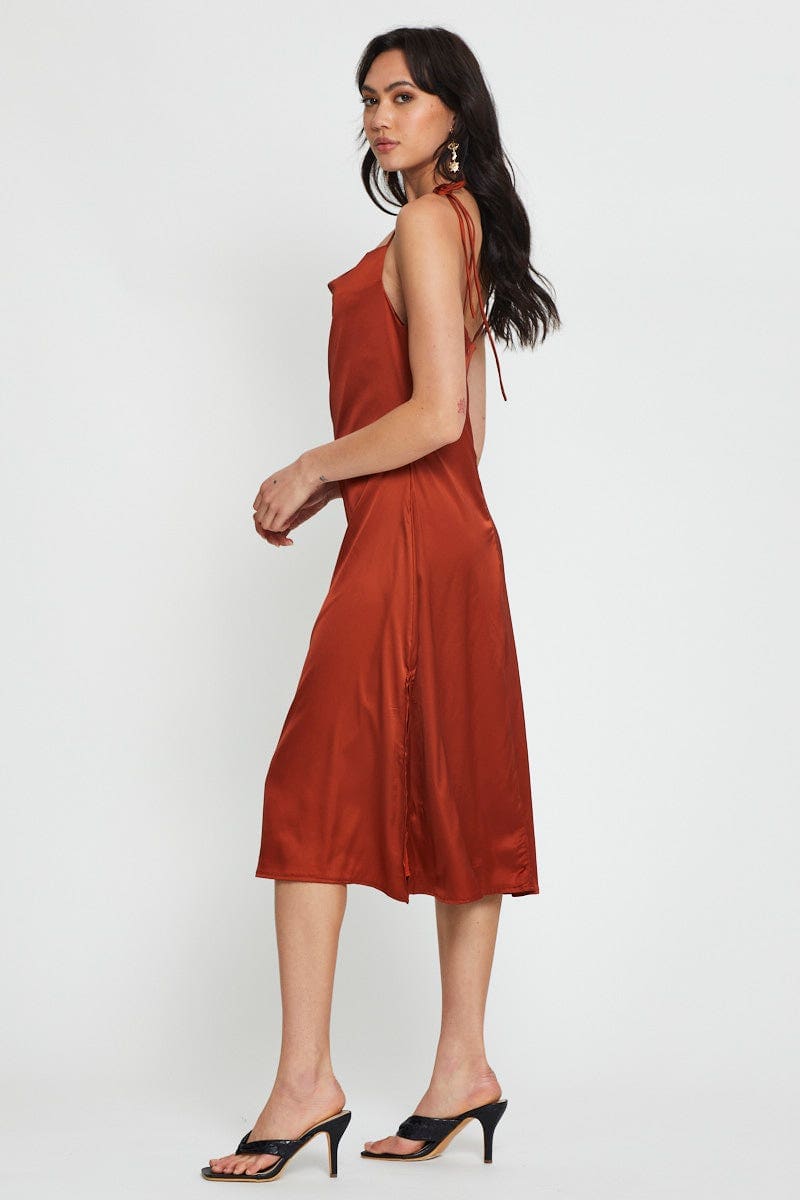 F SKATER DRESS Rust Slip Dress Maxi Satin for Women by Ally