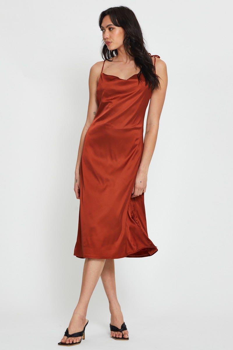 F SKATER DRESS Rust Slip Dress Maxi Satin for Women by Ally