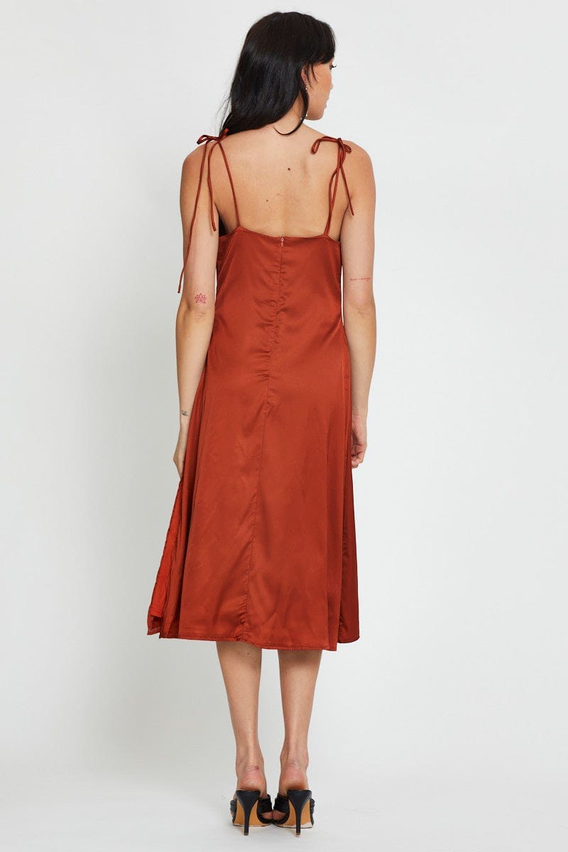 F SKATER DRESS Rust Slip Dress Maxi Satin for Women by Ally