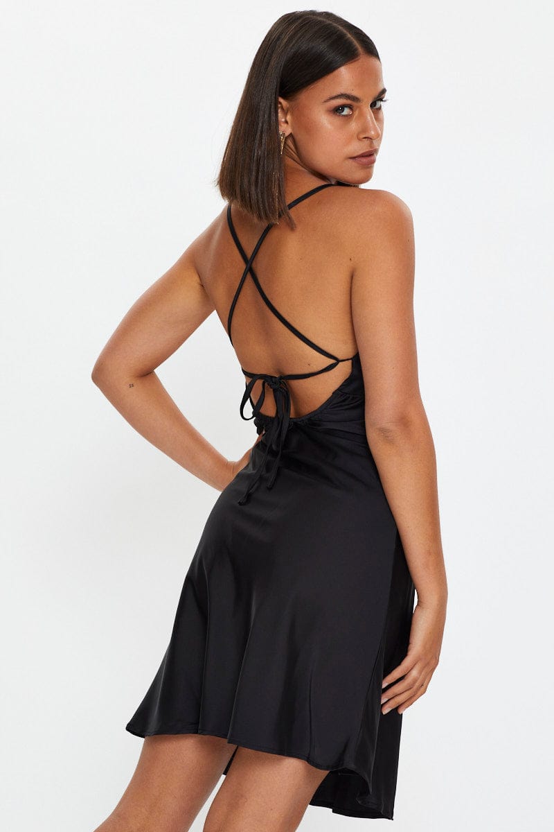 F SLIP DRESS Black Strappy Satin Slip Mini Dress for Women by Ally
