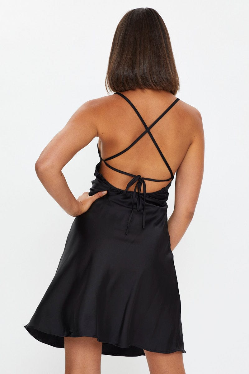 F SLIP DRESS Black Strappy Satin Slip Mini Dress for Women by Ally