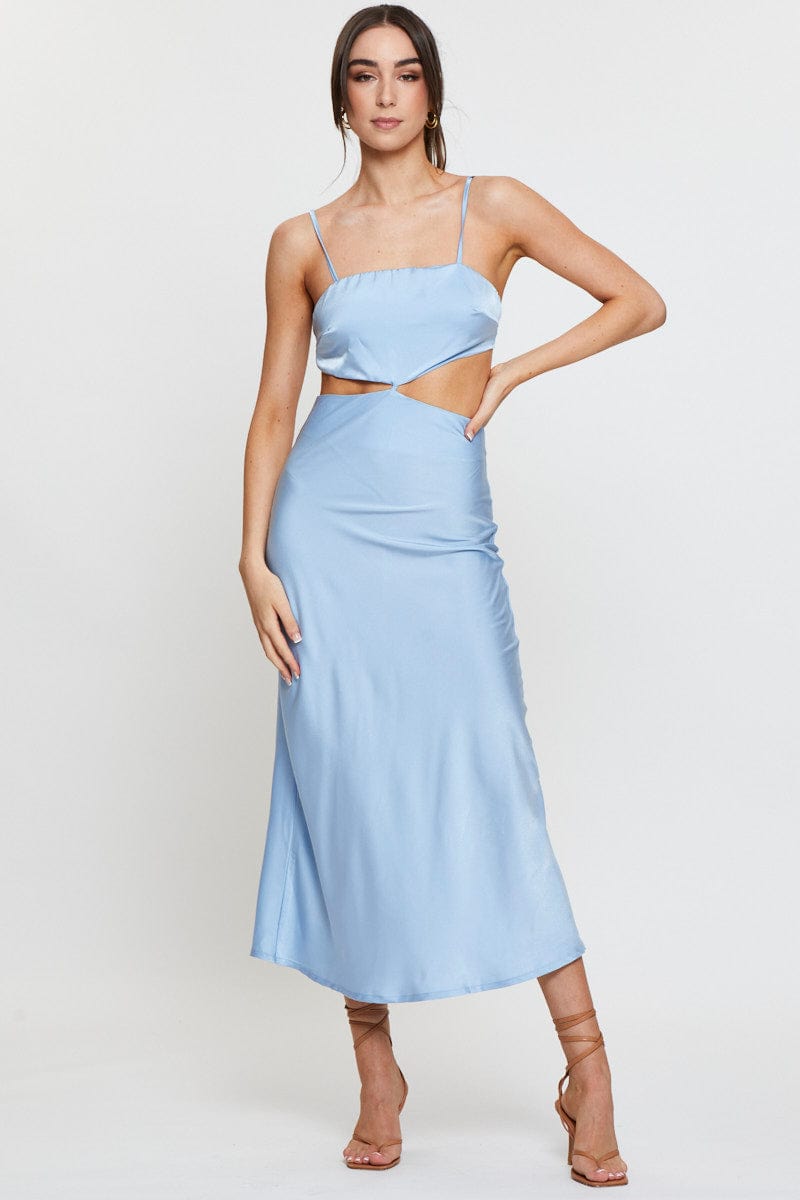 F SLIP DRESS Blue Midi Dress Satin for Women by Ally