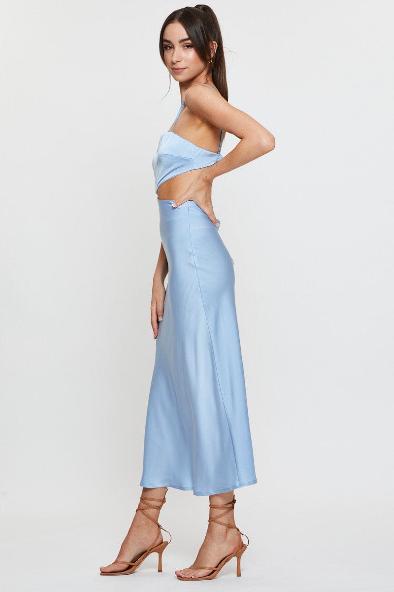 F SLIP DRESS Blue Midi Dress Satin for Women by Ally