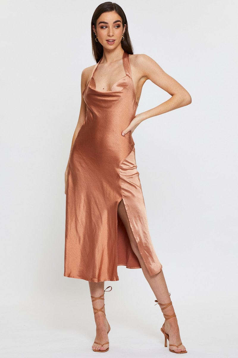 F SLIP DRESS Brown Slip Dress Midi Satin for Women by Ally