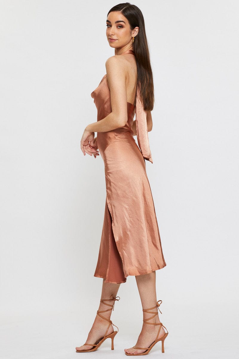 F SLIP DRESS Brown Slip Dress Midi Satin for Women by Ally