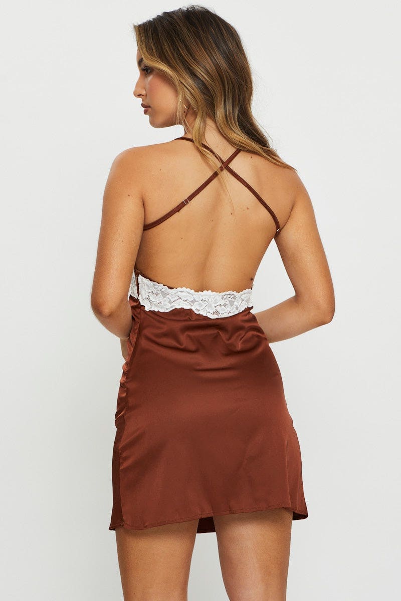 Women's Brown Slip Dress Mini Satin | Ally Fashion Women's Brown Slip Dress Mini Satin | Ally Fashion