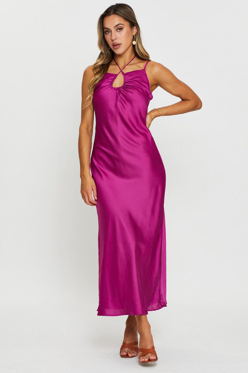 F SLIP DRESS Pink Maxi Dress Satin for Women by Ally