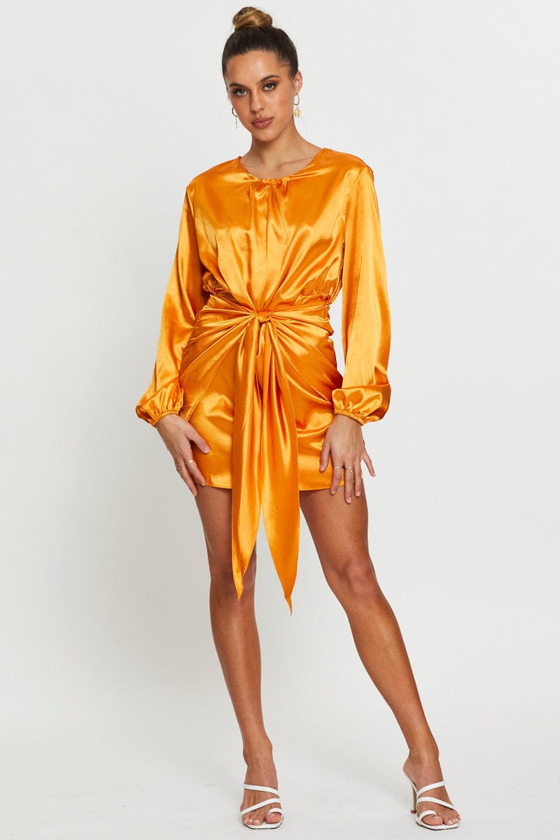 F WRAP DRESS Yellow Wrap Dress Mini Satin for Women by Ally