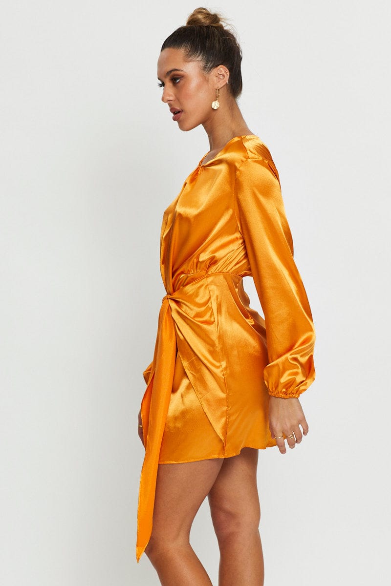 F WRAP DRESS Yellow Wrap Dress Mini Satin for Women by Ally