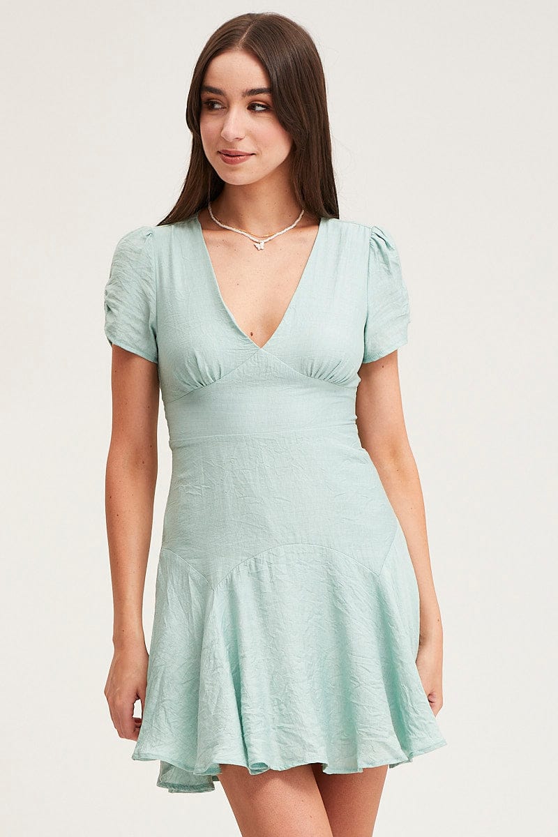 FB A LINE DRESS Green A Line Dress Short Sleeve Mini for Women by Ally