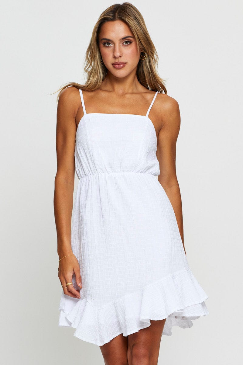 FB A LINE DRESS White Mini Dress Sleeveless Square Neck for Women by Ally