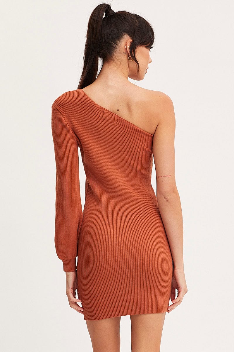 FB MINI DRESS Brown Dress One Shoulder Mini Knit for Women by Ally