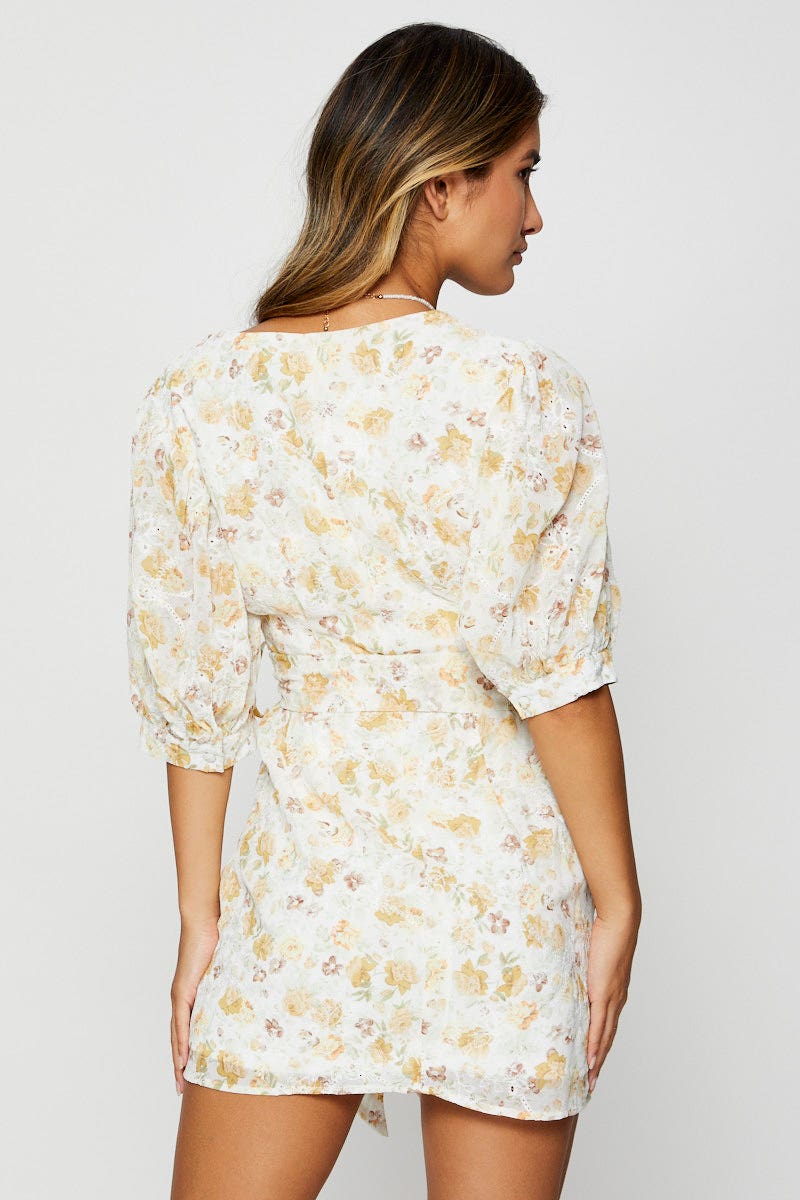 FB MINI DRESS Floral Print Dress Puff Sleeve Mini for Women by Ally