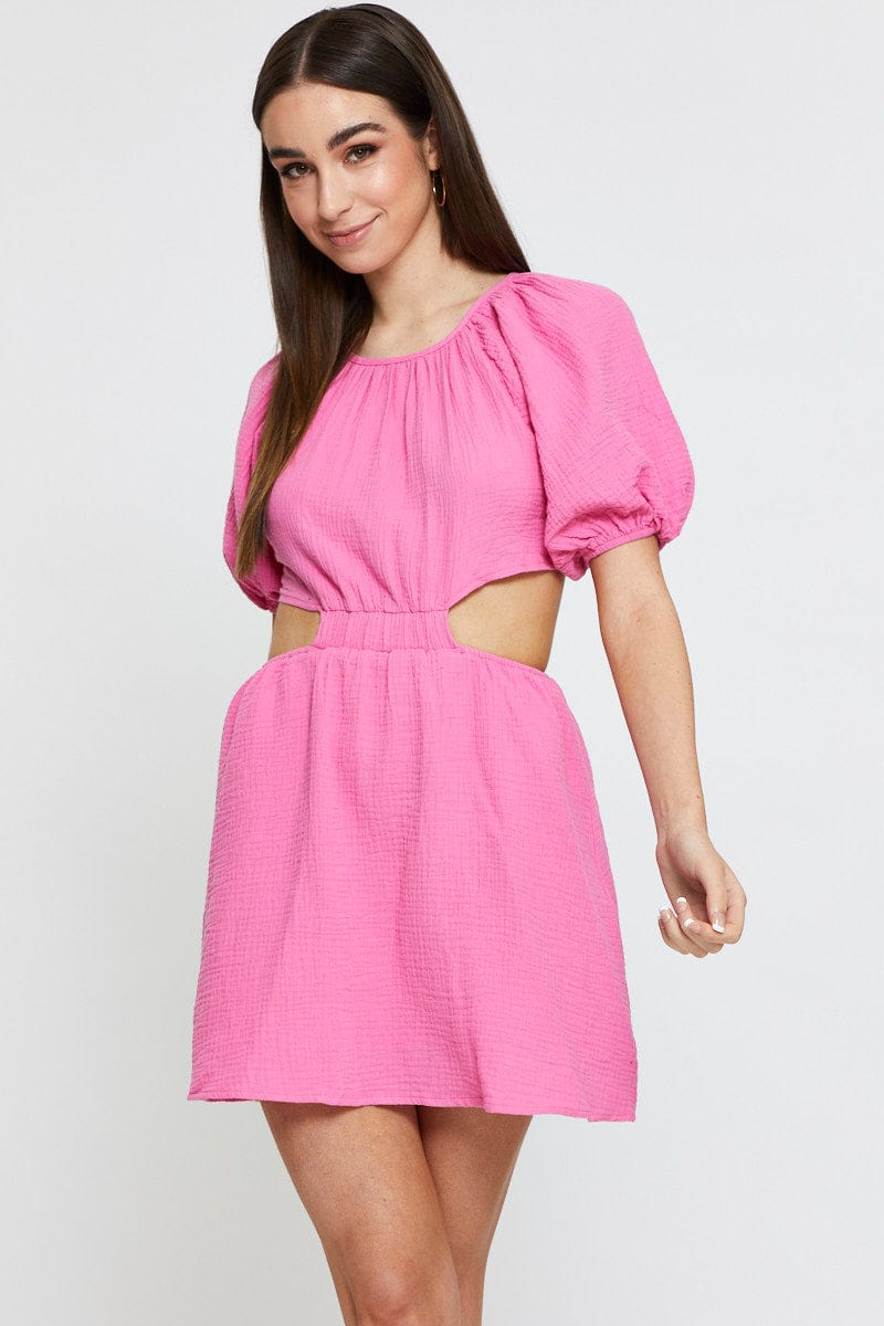 FB MINI DRESS Pink Mini Dress Short Sleeve Round Neck for Women by Ally