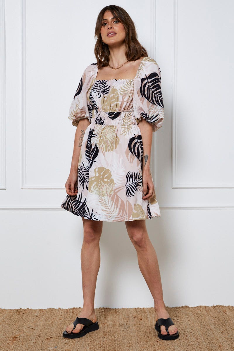 FB MINI DRESS Trop Print Mini Dress Short Sleeve Square Neck for Women by Ally