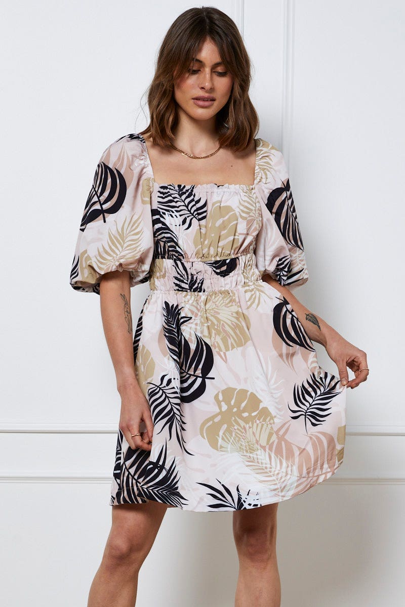FB MINI DRESS Trop Print Mini Dress Short Sleeve Square Neck for Women by Ally