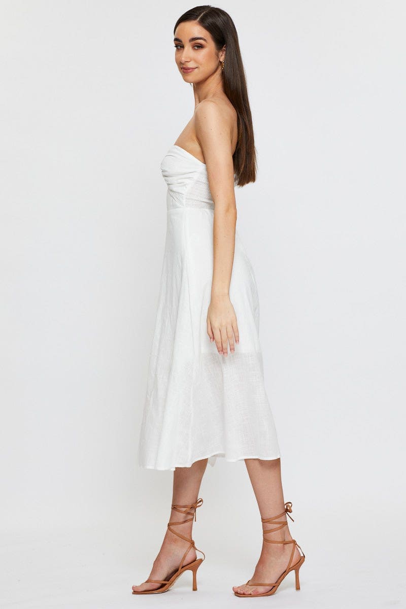 FB OFF SHLDR DRESS White Twist Front Bardot Midi Dress for Women by Ally