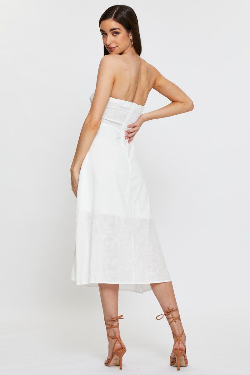 FB OFF SHLDR DRESS White Twist Front Bardot Midi Dress for Women by Ally