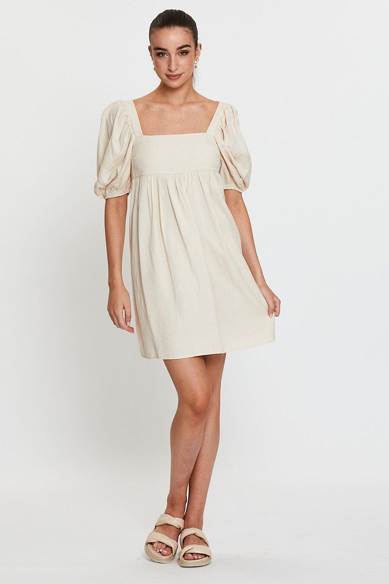 Women’s Beige Mini Dress Short Sleeve Square Neck | Ally Fashion