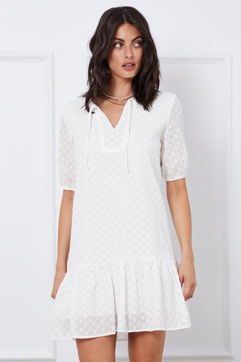 FB SHIFT DRESS White Mini Dress Short Sleeve for Women by Ally