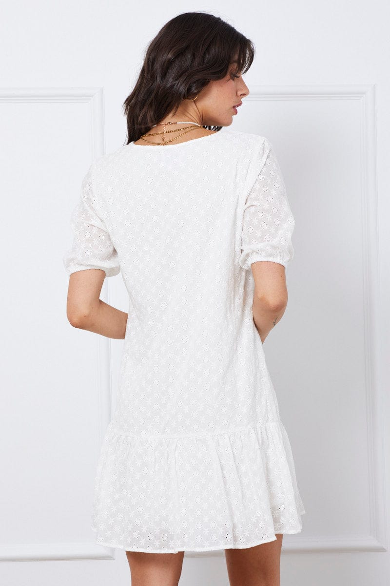 FB SHIFT DRESS White Mini Dress Short Sleeve for Women by Ally