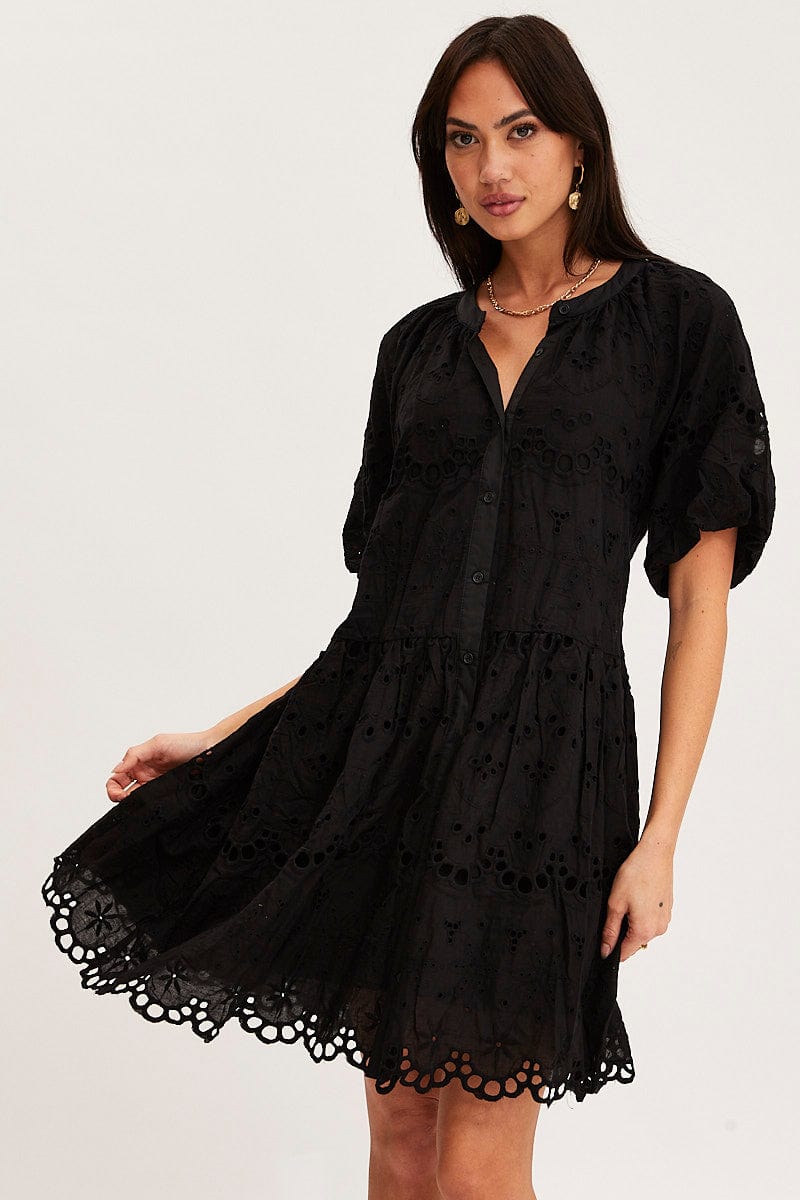 FB SHIRT DRESS Black Fit And Flare Dress Short Sleeve V Neck for Women by Ally