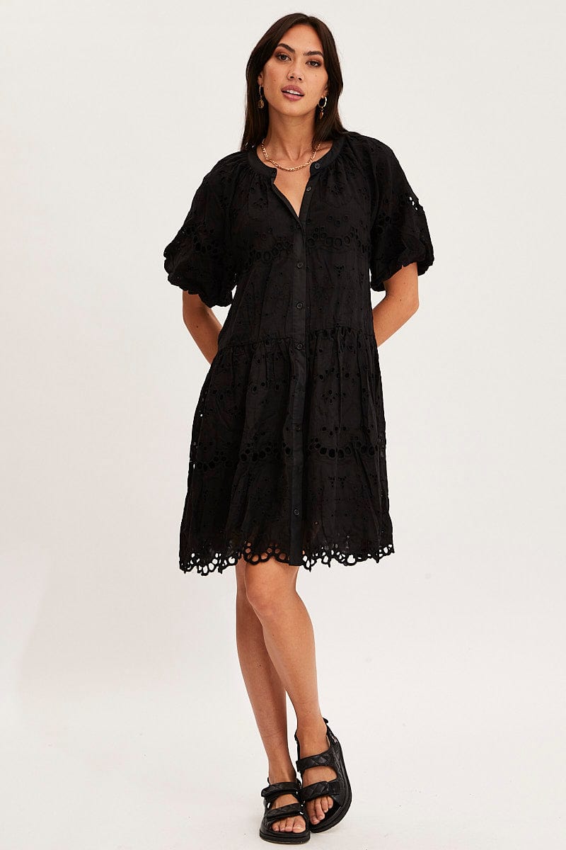 Women's Black Fit And Flare Dress Short Sleeve V Neck | Ally Fashion Women's Black Fit And Flare Dress Short Sleeve V Neck | Ally Fashion