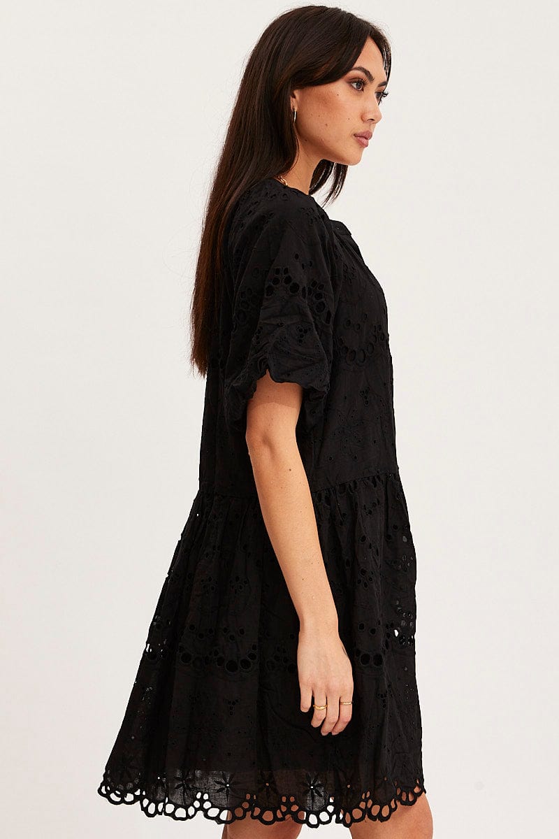Women's Black Fit And Flare Dress Short Sleeve V Neck | Ally Fashion Women's Black Fit And Flare Dress Short Sleeve V Neck | Ally Fashion